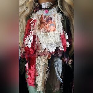 Victorian Jabot Boho Vintage Lace Burgundy Velvet Floral Appliqué Angel